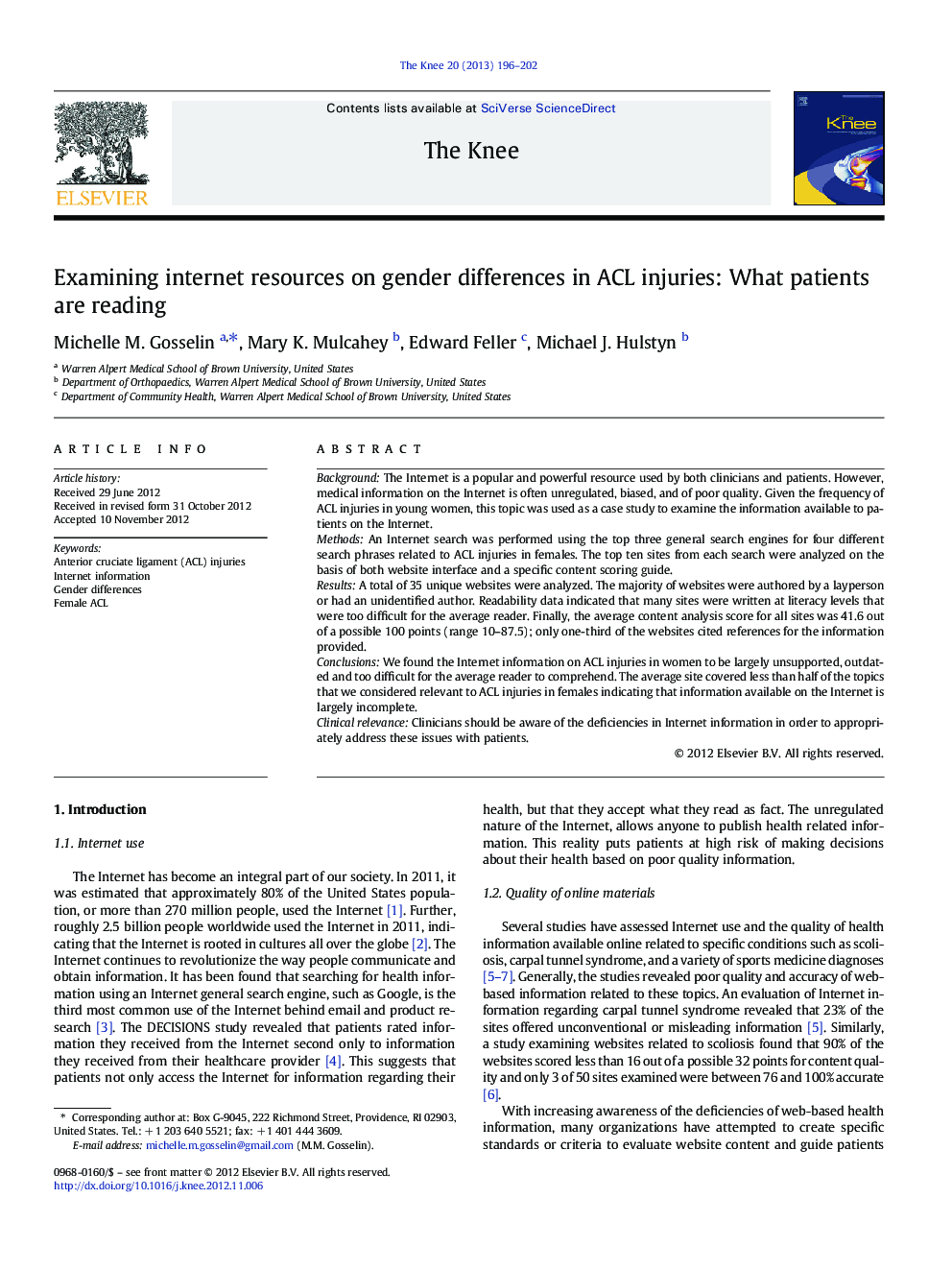 Examining internet resources on gender differences in ACL injuries: What patients are reading