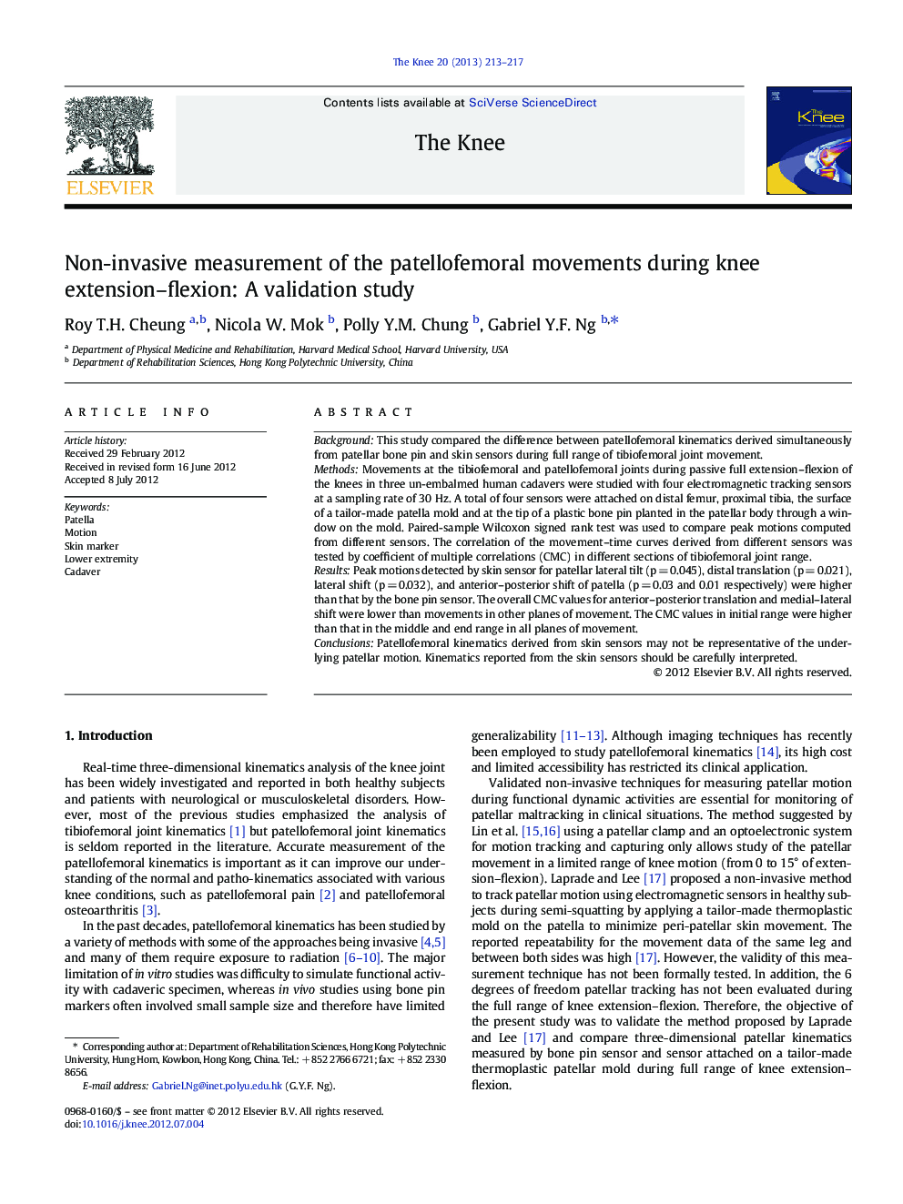 Non-invasive measurement of the patellofemoral movements during knee extension-flexion: A validation study