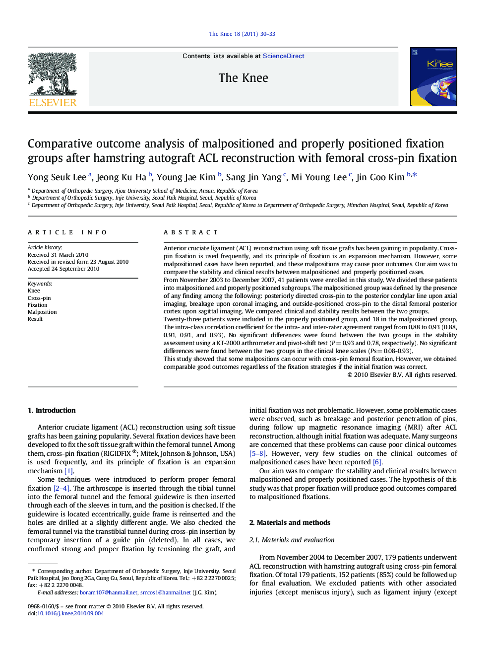 Comparative outcome analysis of malpositioned and properly positioned fixation groups after hamstring autograft ACL reconstruction with femoral cross-pin fixation