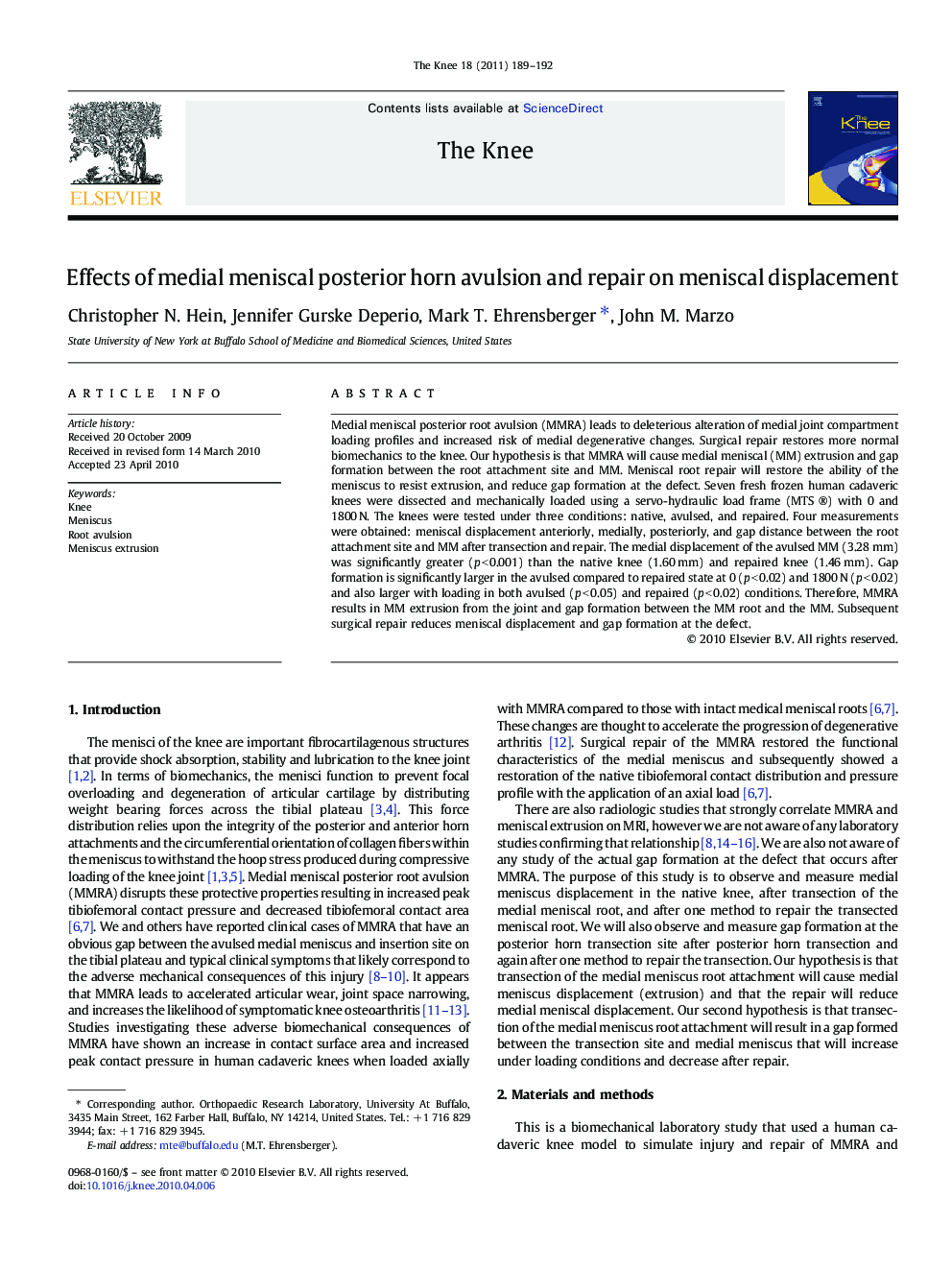 Effects of medial meniscal posterior horn avulsion and repair on meniscal displacement