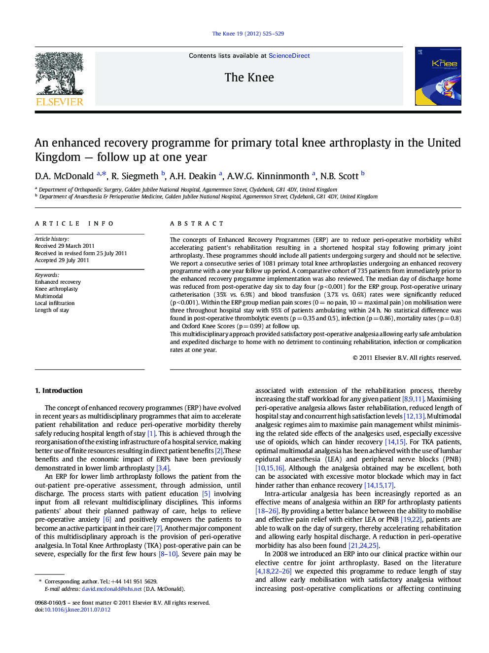 An enhanced recovery programme for primary total knee arthroplasty in the United Kingdom — follow up at one year