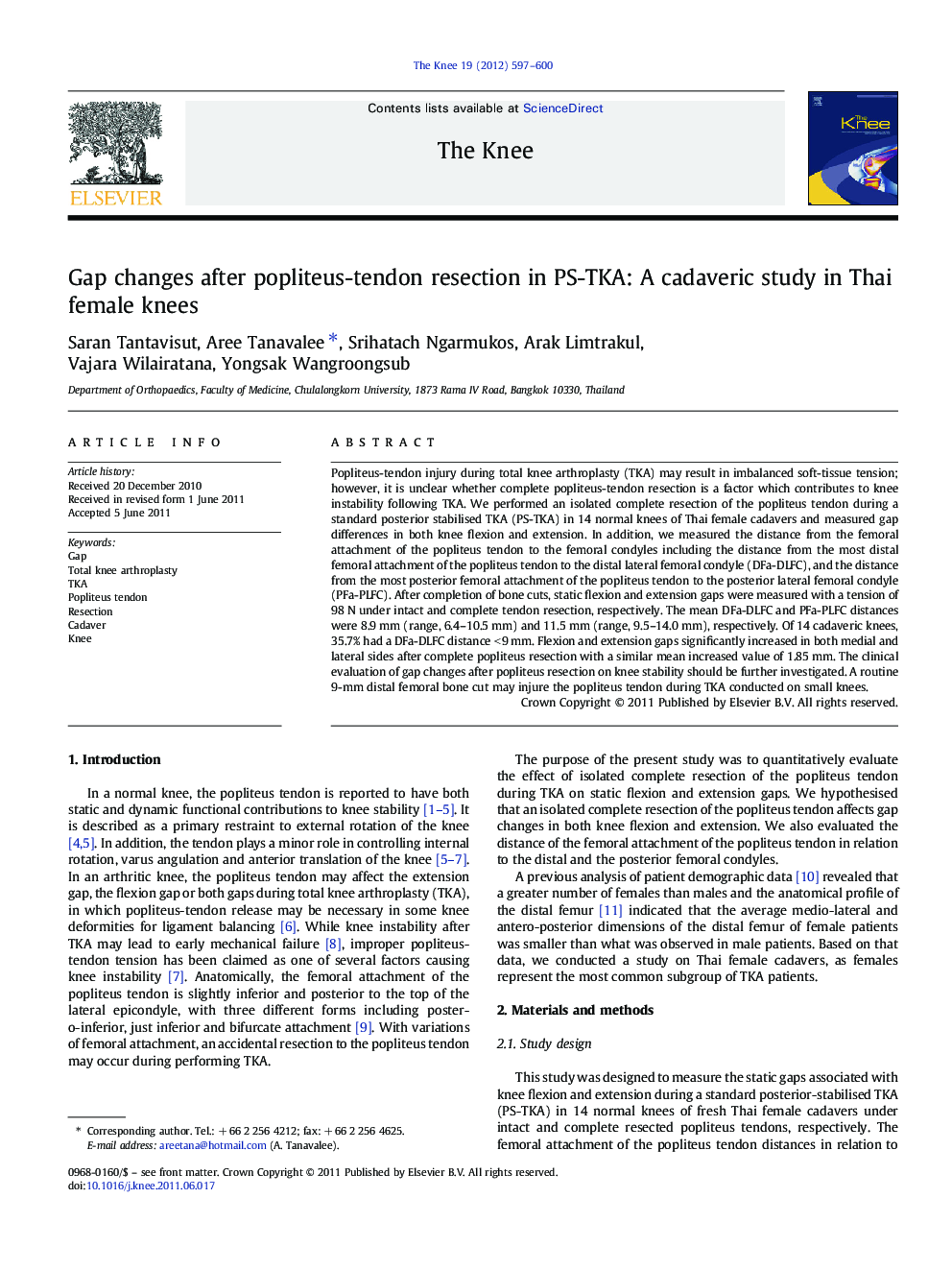 Gap changes after popliteus-tendon resection in PS-TKA: A cadaveric study in Thai female knees