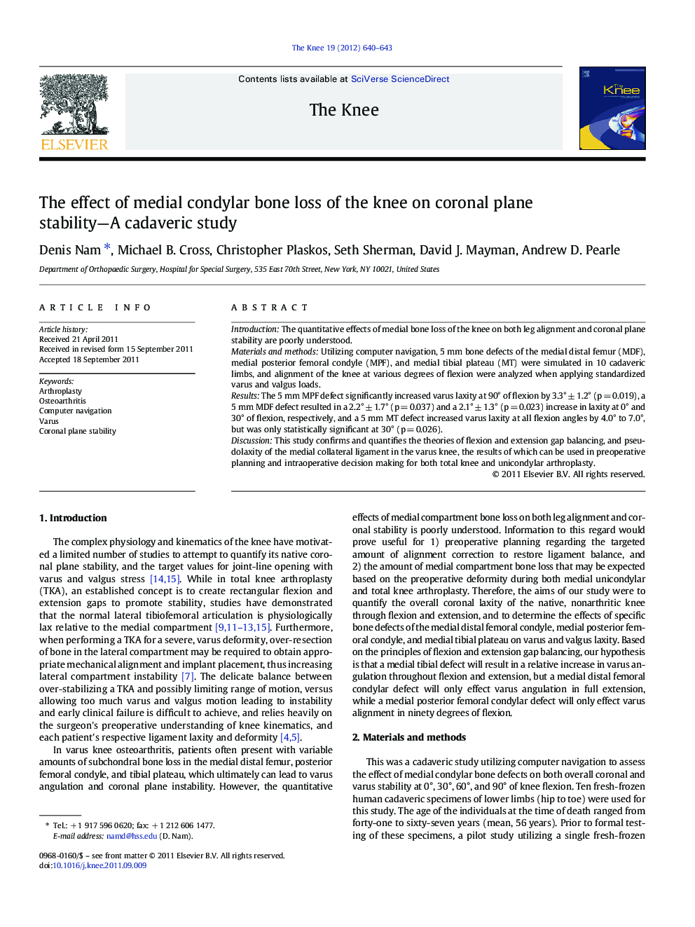 The effect of medial condylar bone loss of the knee on coronal plane stability—A cadaveric study