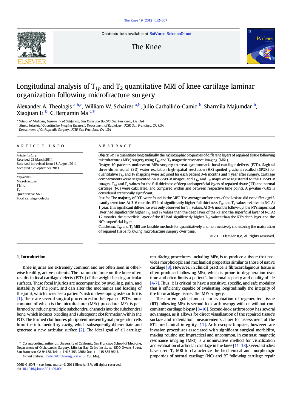 Longitudinal analysis of T1ρ and T2 quantitative MRI of knee cartilage laminar organization following microfracture surgery