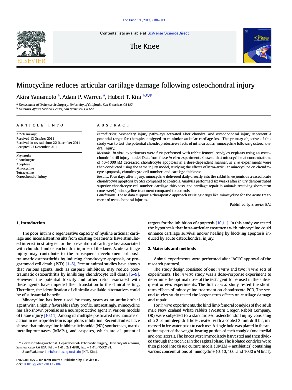 Minocycline reduces articular cartilage damage following osteochondral injury