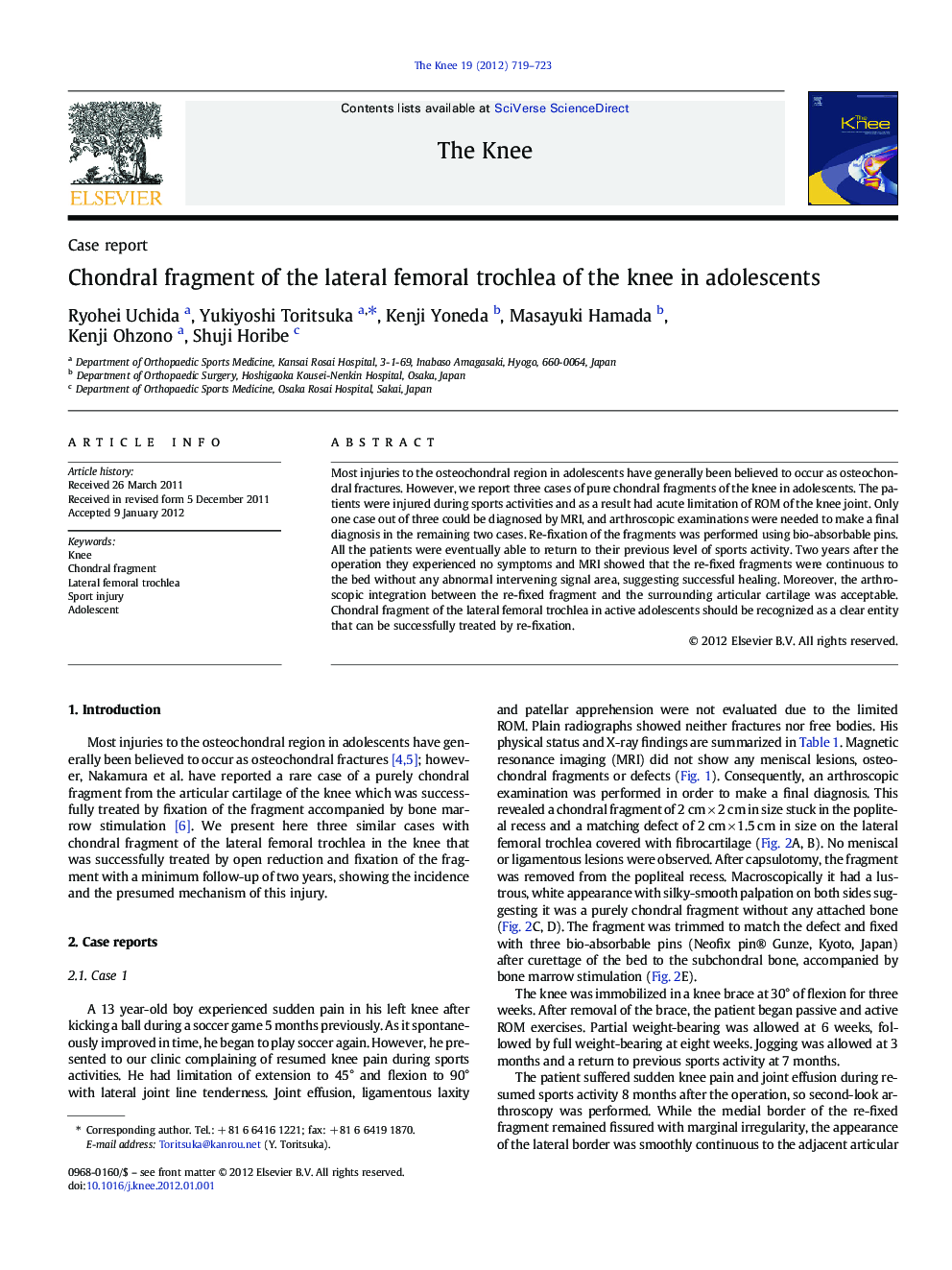 Chondral fragment of the lateral femoral trochlea of the knee in adolescents