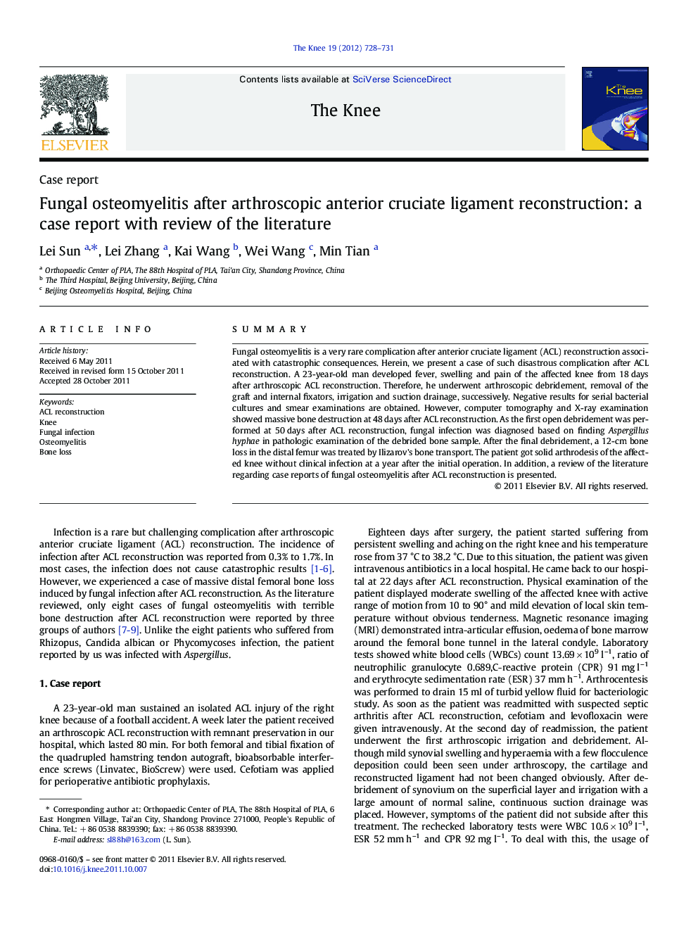 Fungal osteomyelitis after arthroscopic anterior cruciate ligament reconstruction: a case report with review of the literature