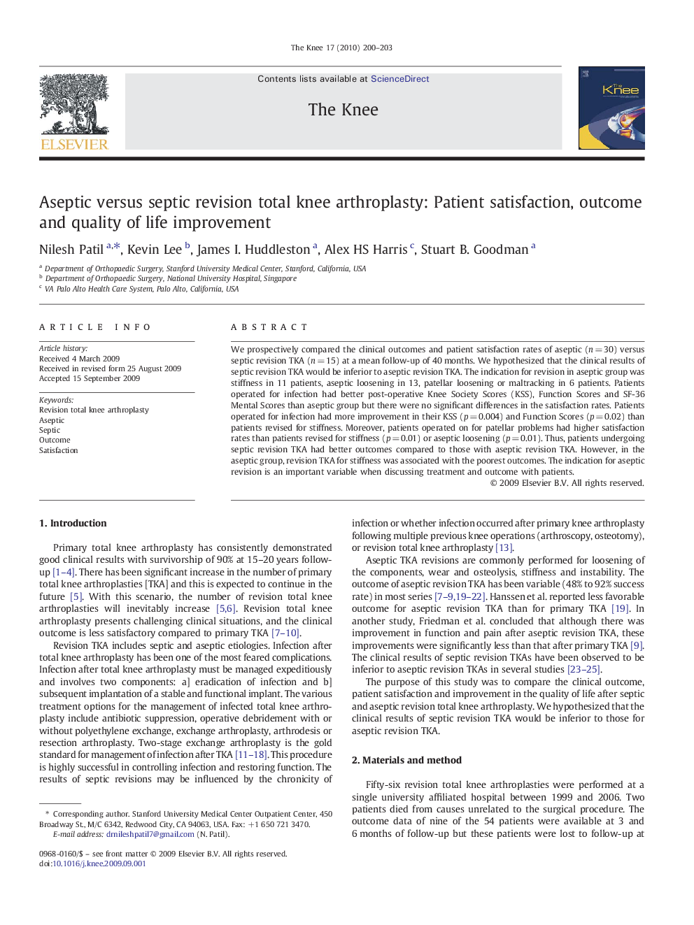 Aseptic versus septic revision total knee arthroplasty: Patient satisfaction, outcome and quality of life improvement