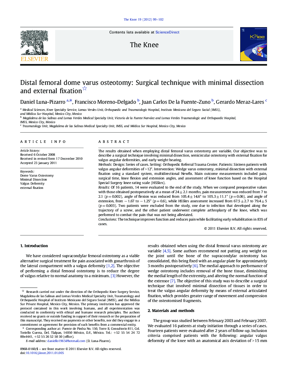 Distal femoral dome varus osteotomy: Surgical technique with minimal dissection and external fixation 