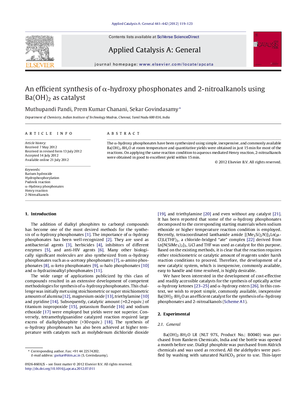 An efficient synthesis of α-hydroxy phosphonates and 2-nitroalkanols using Ba(OH)2 as catalyst