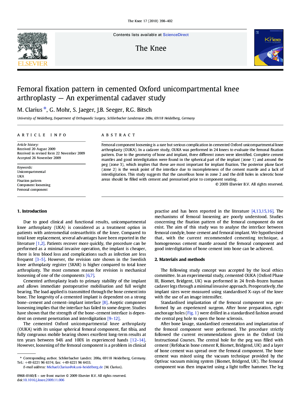 Femoral fixation pattern in cemented Oxford unicompartmental knee arthroplasty — An experimental cadaver study