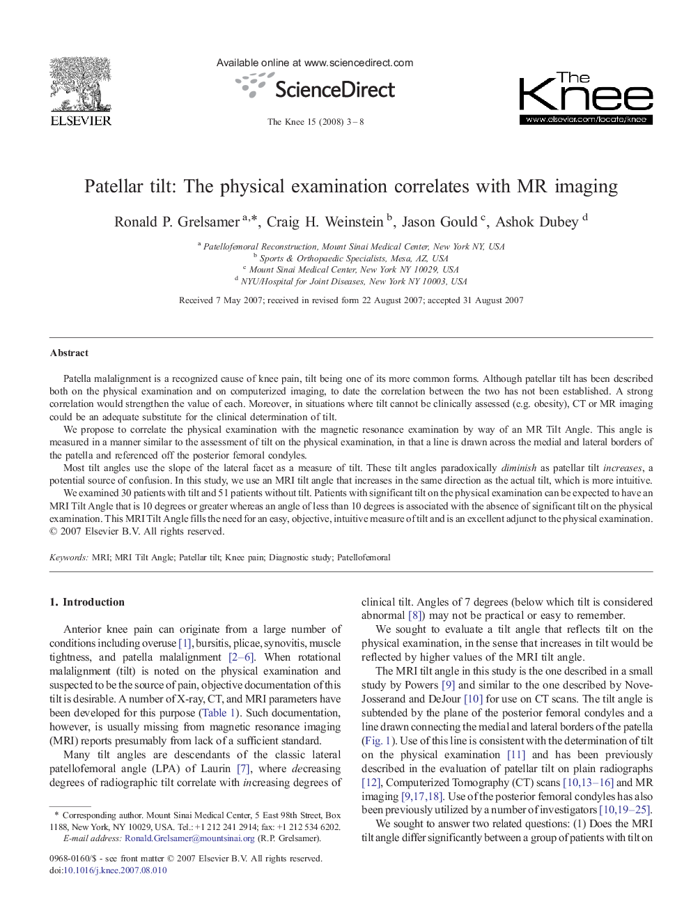 Patellar tilt: The physical examination correlates with MR imaging