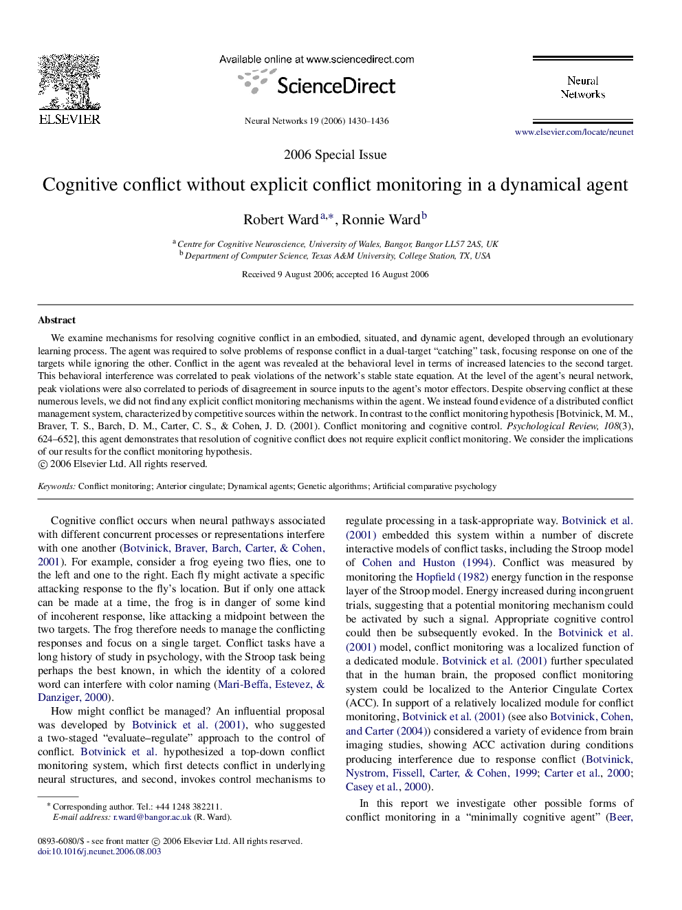 Cognitive conflict without explicit conflict monitoring in a dynamical agent