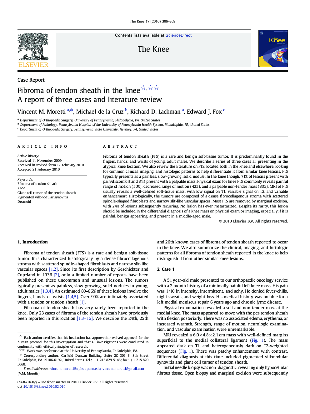 Fibroma of tendon sheath in the knee : A report of three cases and literature review