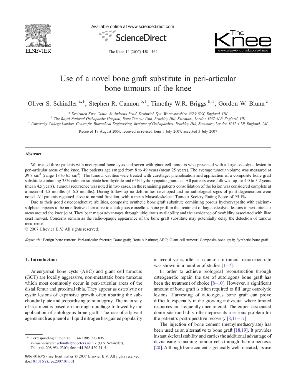 Use of a novel bone graft substitute in peri-articular bone tumours of the knee