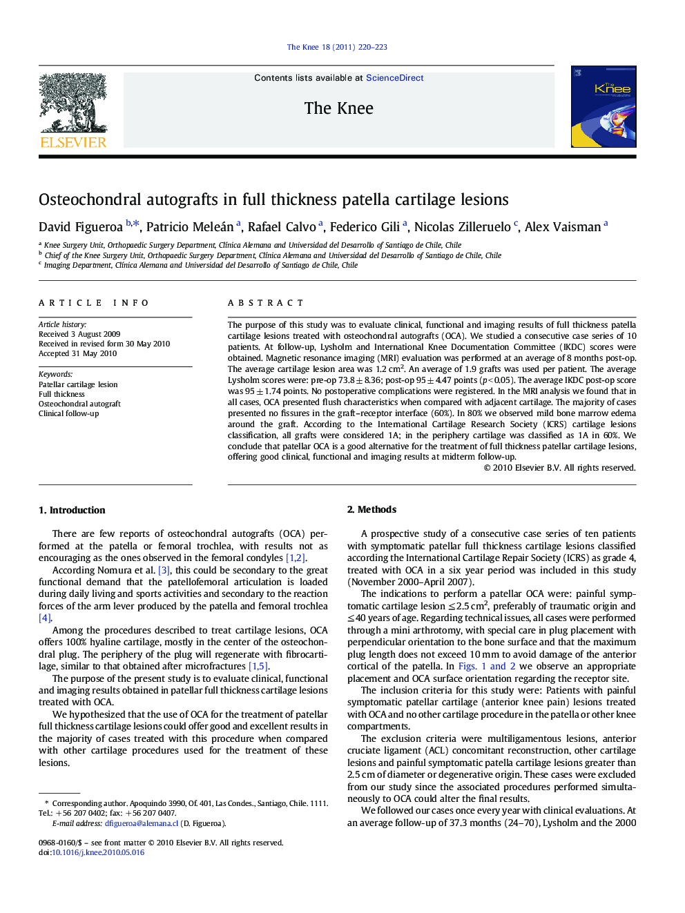 Osteochondral autografts in full thickness patella cartilage lesions