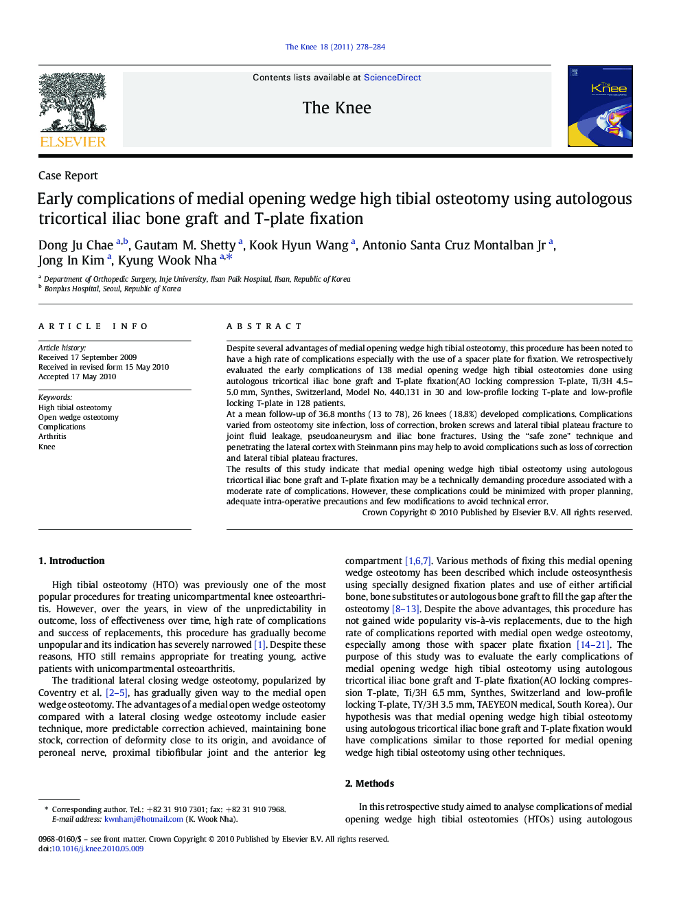 Early complications of medial opening wedge high tibial osteotomy using autologous tricortical iliac bone graft and T-plate fixation