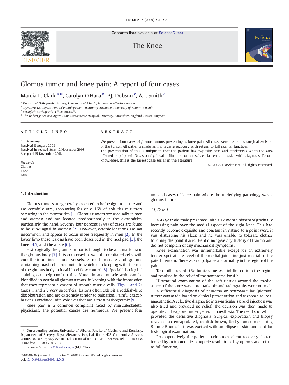 Glomus tumor and knee pain: A report of four cases