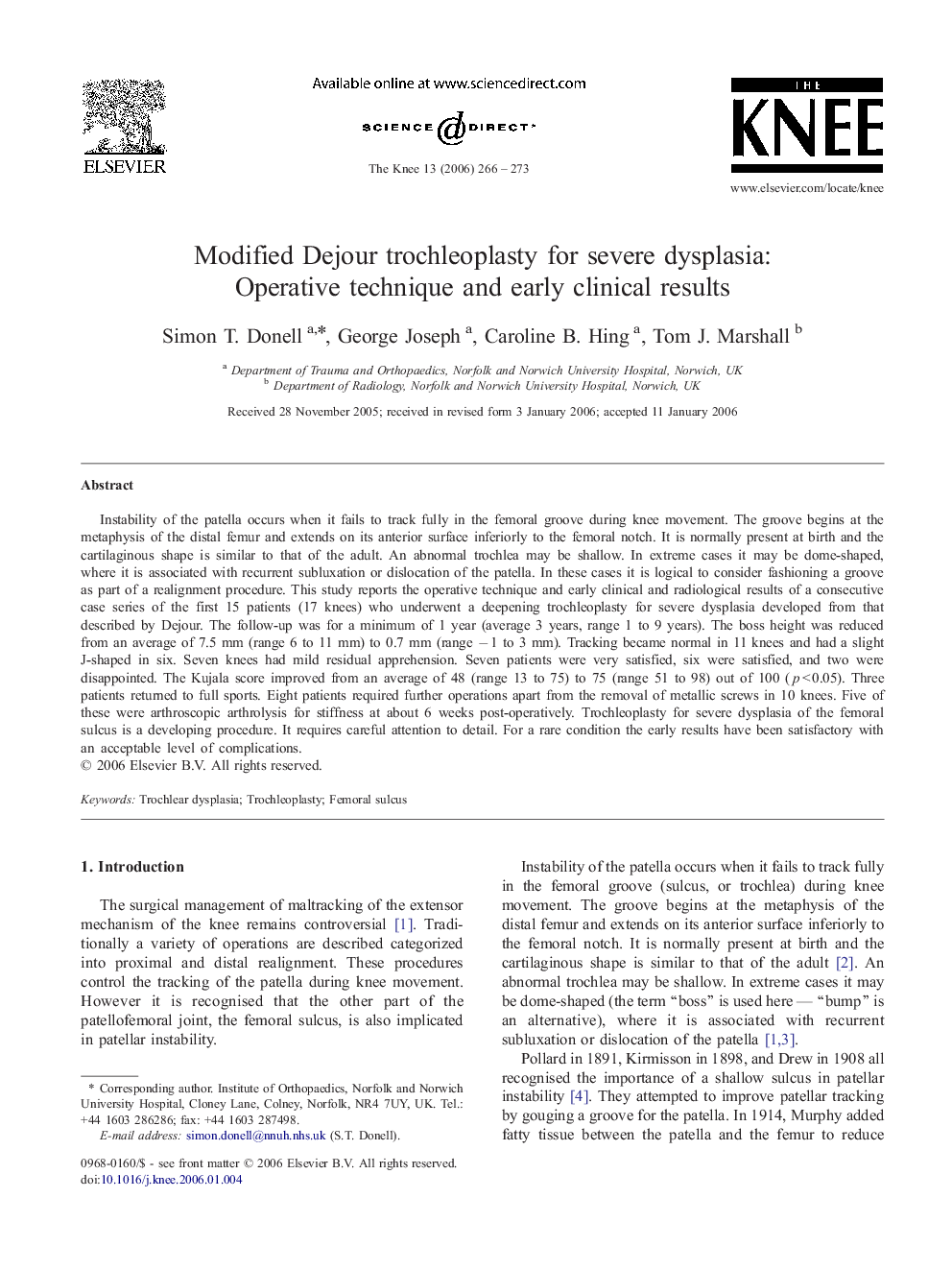 Modified Dejour trochleoplasty for severe dysplasia: Operative technique and early clinical results