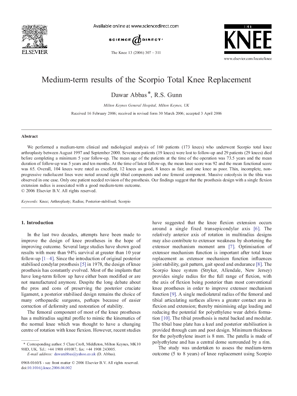 Medium-term results of the Scorpio Total Knee Replacement