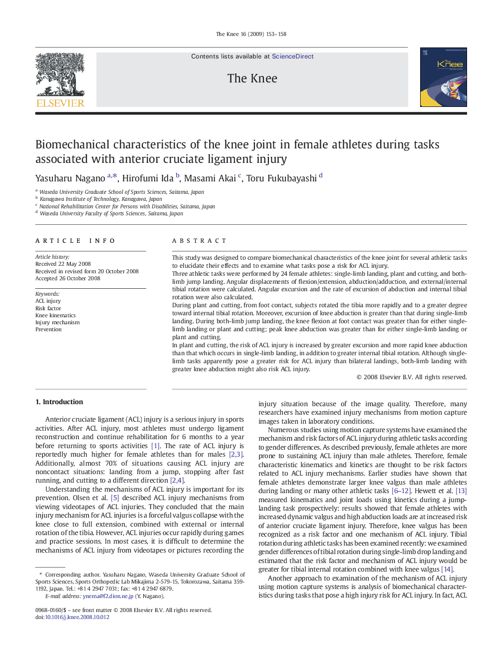 Biomechanical characteristics of the knee joint in female athletes during tasks associated with anterior cruciate ligament injury