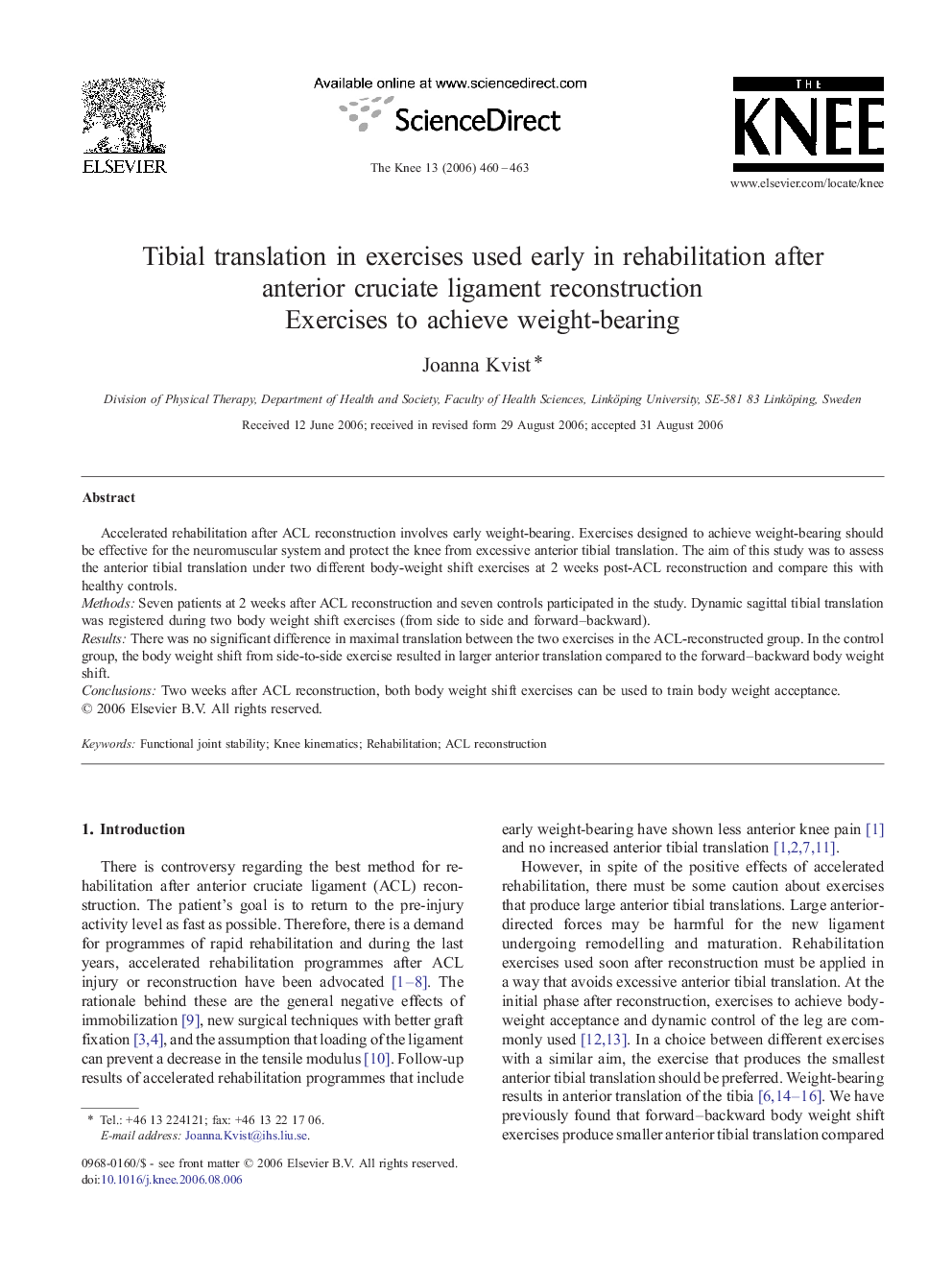 Tibial translation in exercises used early in rehabilitation after anterior cruciate ligament reconstruction: Exercises to achieve weight-bearing