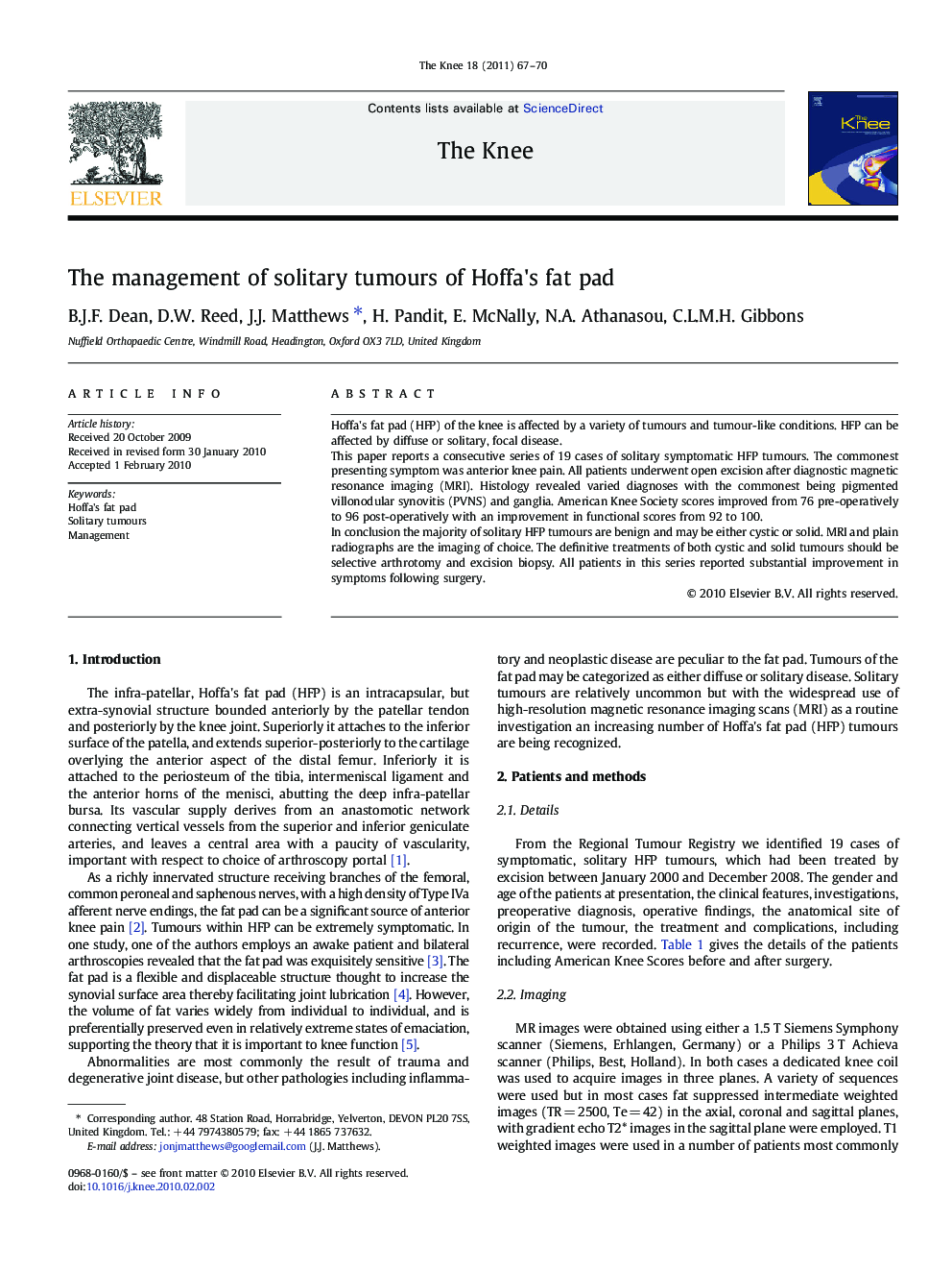 The management of solitary tumours of Hoffa's fat pad