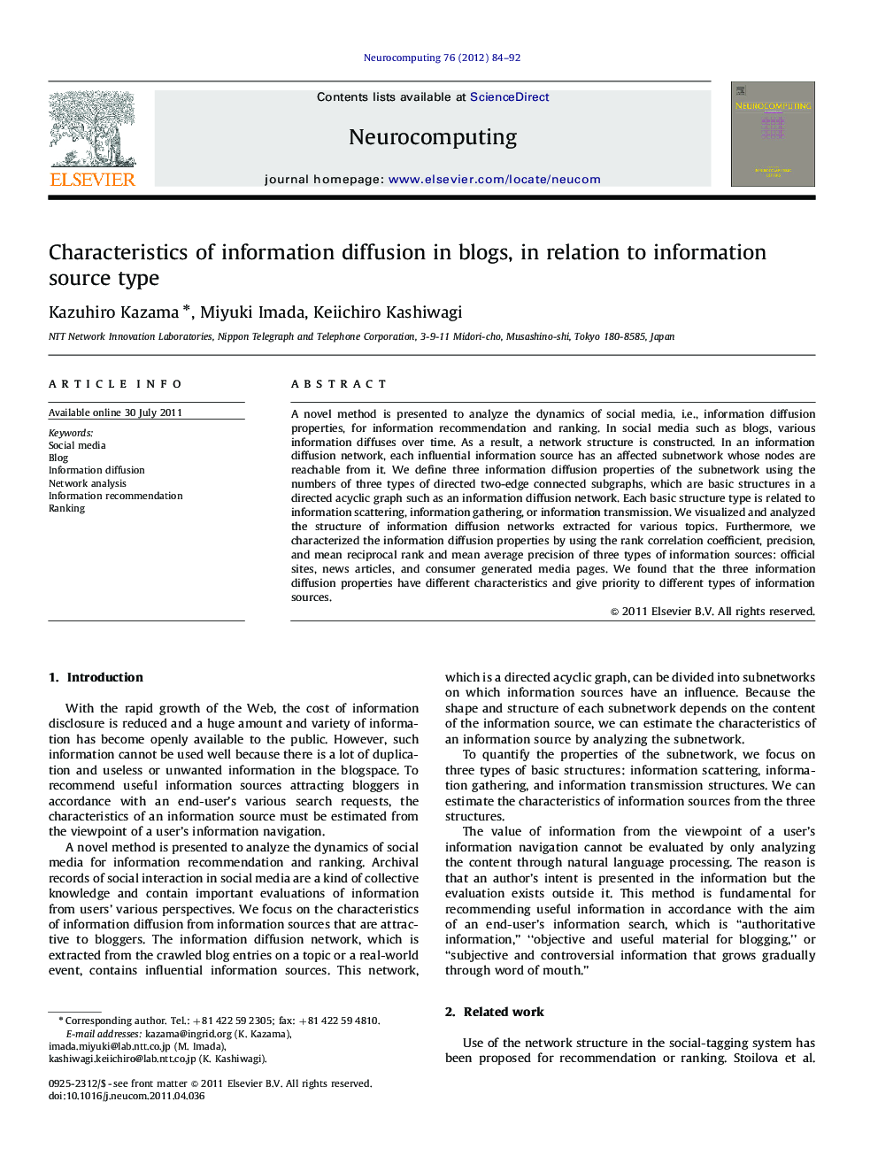 Characteristics of information diffusion in blogs, in relation to information source type