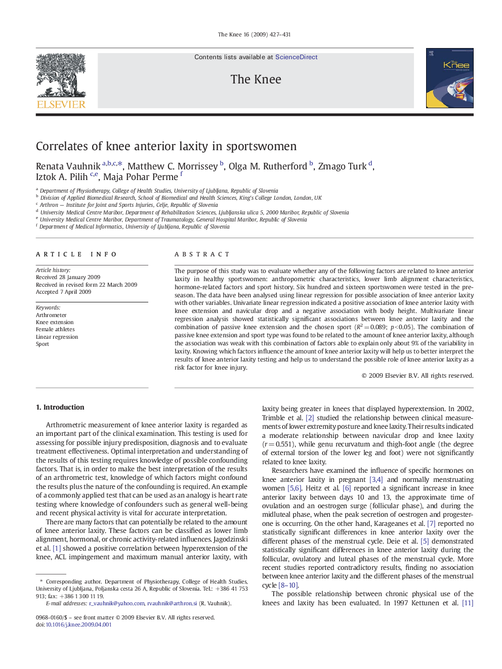 Correlates of knee anterior laxity in sportswomen