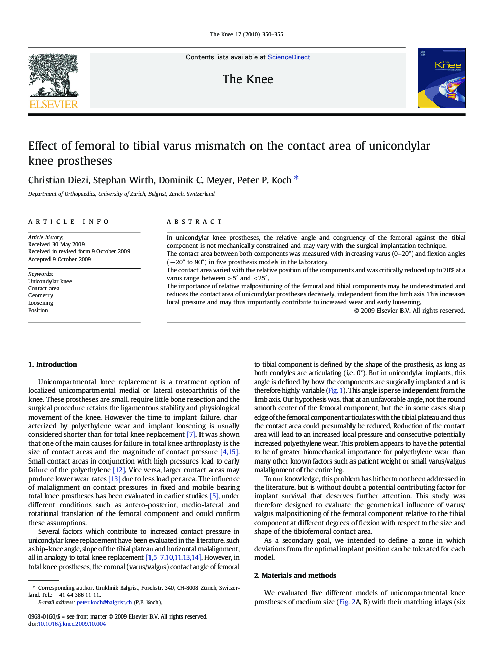 Effect of femoral to tibial varus mismatch on the contact area of unicondylar knee prostheses