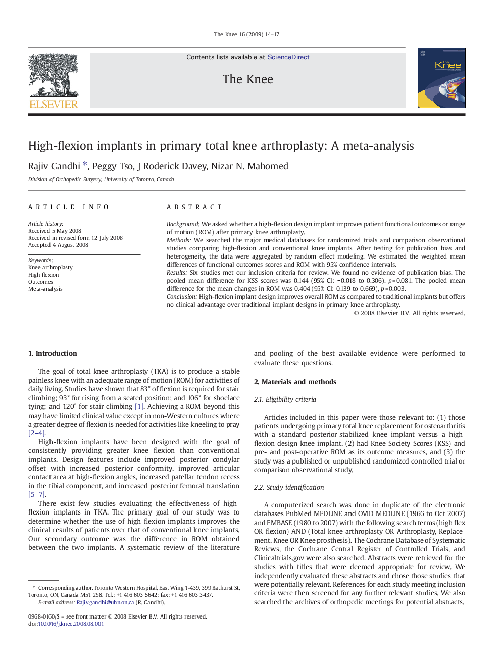 High-flexion implants in primary total knee arthroplasty: A meta-analysis