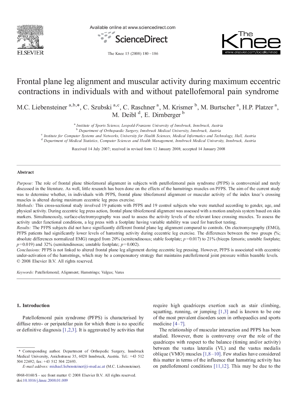 Frontal plane leg alignment and muscular activity during maximum eccentric contractions in individuals with and without patellofemoral pain syndrome