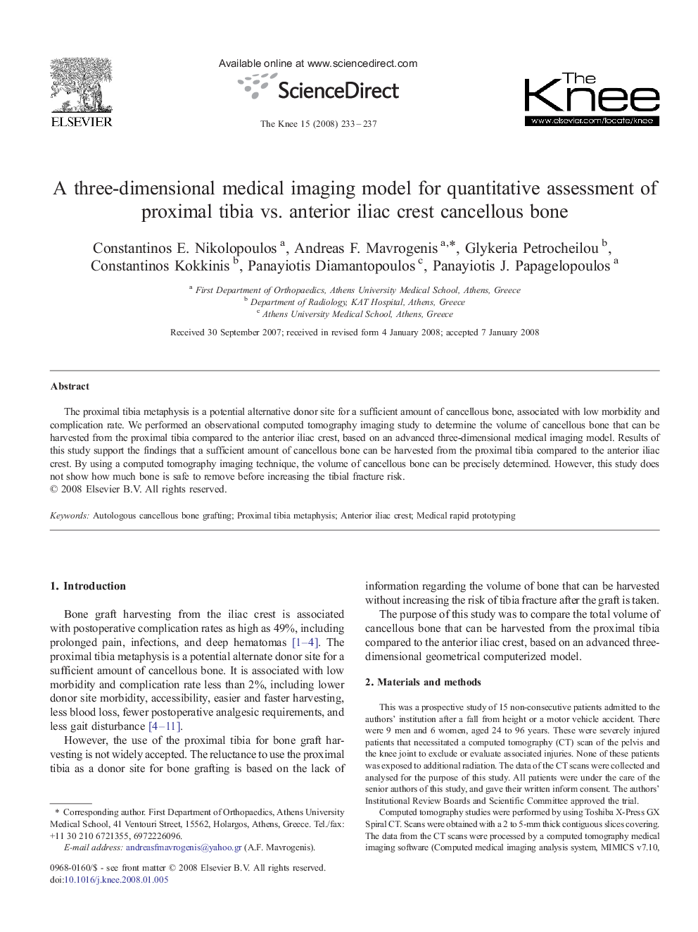 A three-dimensional medical imaging model for quantitative assessment of proximal tibia vs. anterior iliac crest cancellous bone