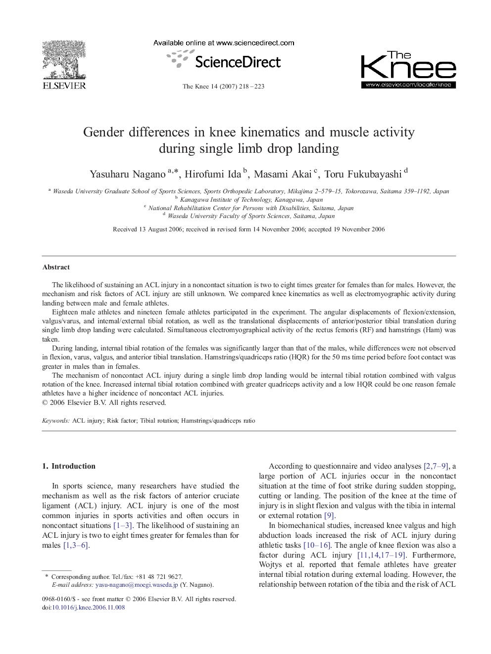 Gender differences in knee kinematics and muscle activity during single limb drop landing