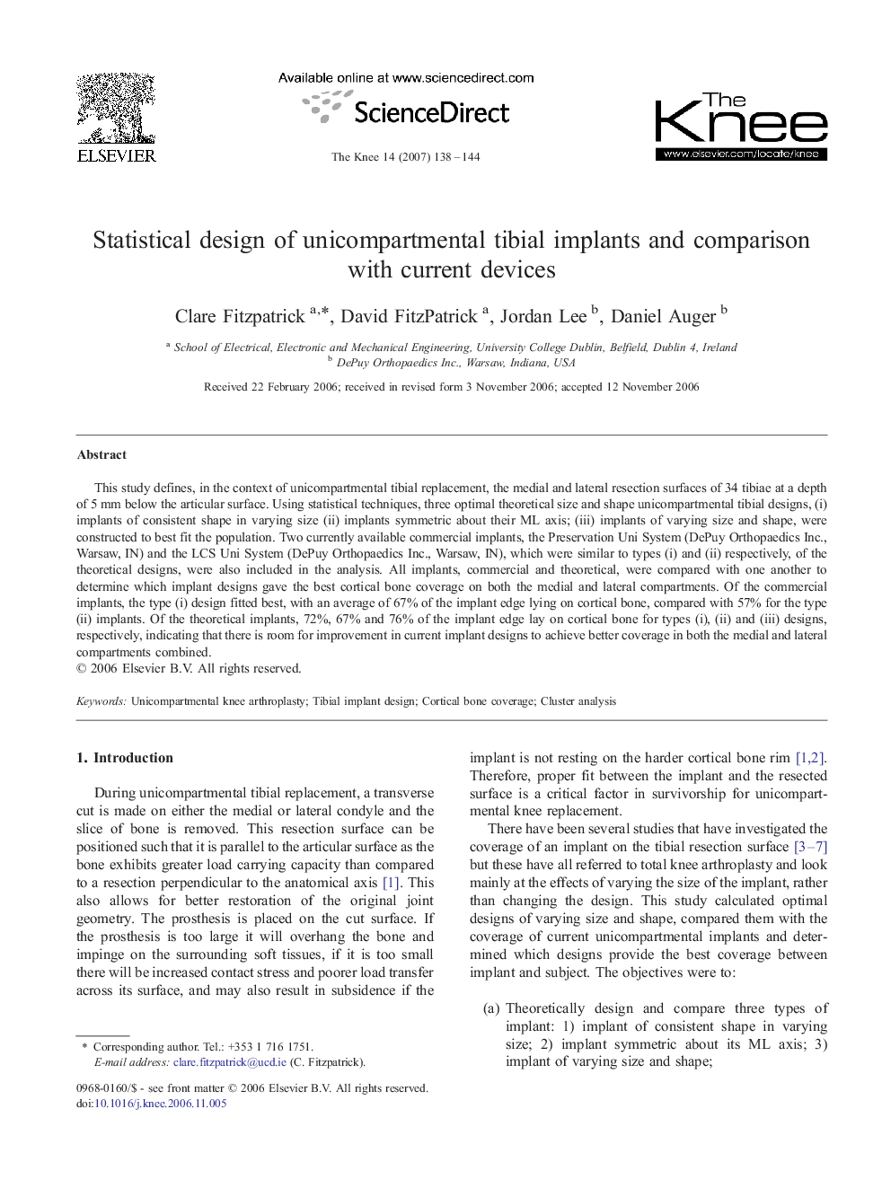 Statistical design of unicompartmental tibial implants and comparison with current devices