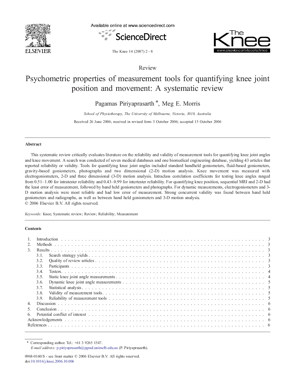 Psychometric properties of measurement tools for quantifying knee joint position and movement: A systematic review