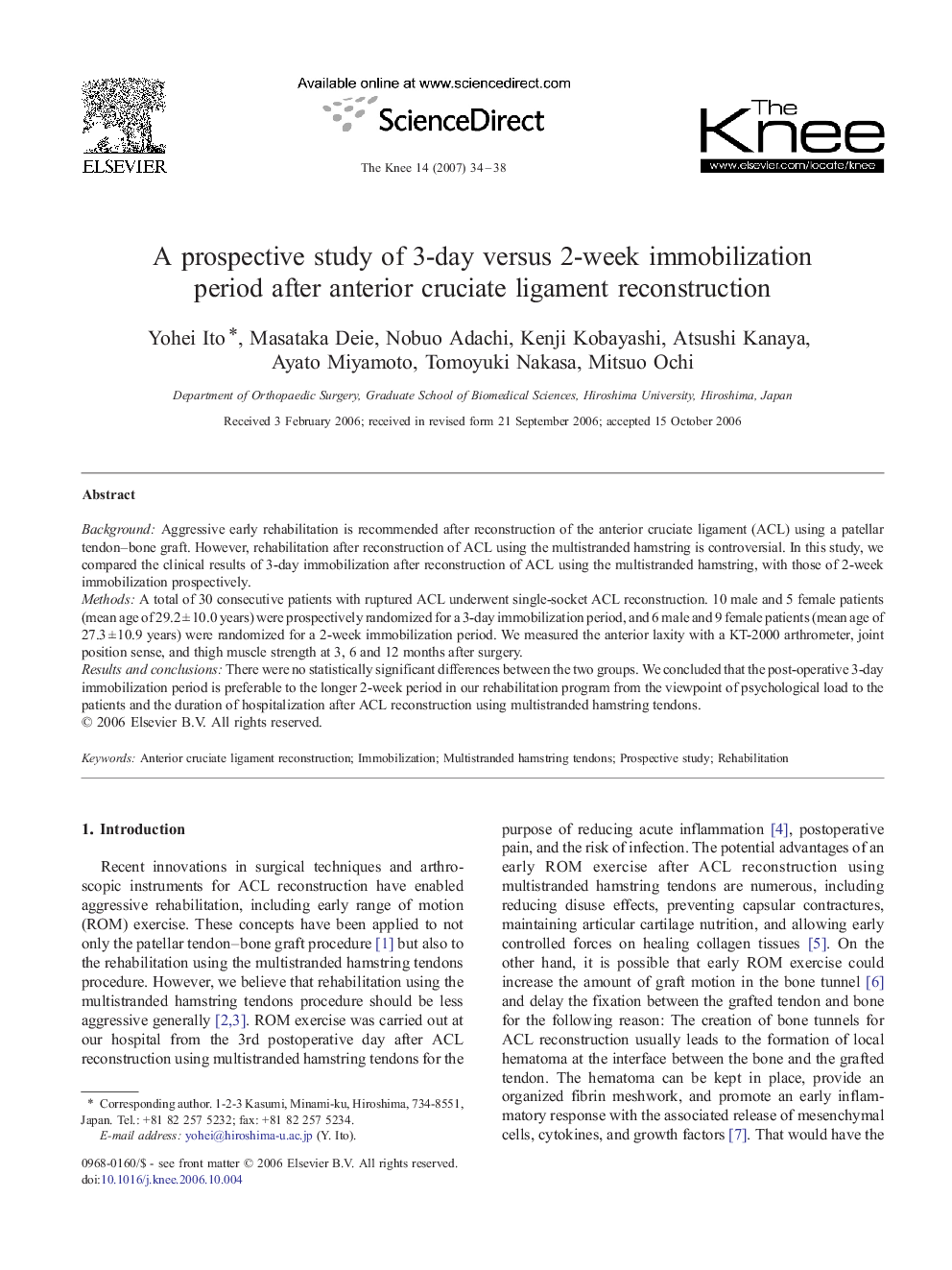 A prospective study of 3-day versus 2-week immobilization period after anterior cruciate ligament reconstruction