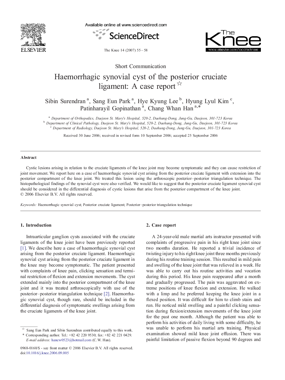 Haemorrhagic synovial cyst of the posterior cruciate ligament: A case report 