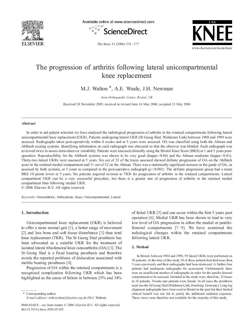 The progression of arthritis following lateral unicompartmental knee replacement