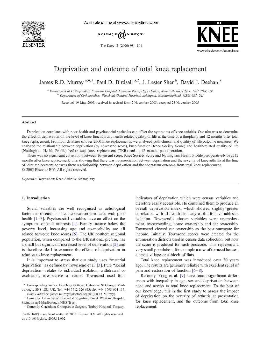 Deprivation and outcome of total knee replacement