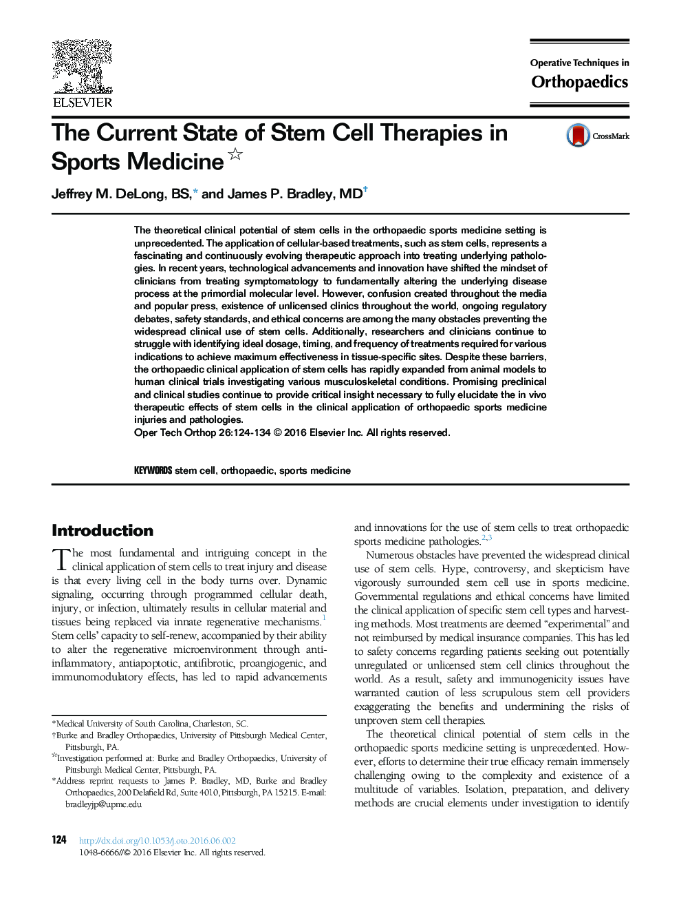 The Current State of Stem Cell Therapies in Sports Medicine 