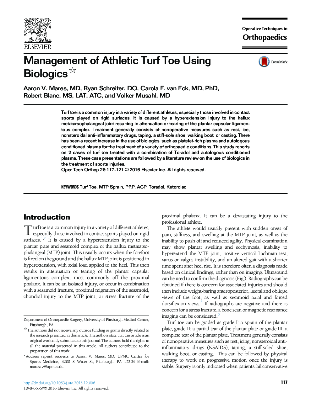 Management of Athletic Turf Toe Using Biologics 