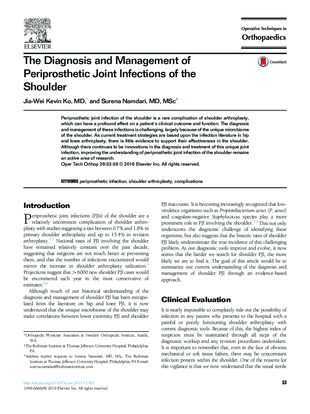 The Diagnosis and Management of Periprosthetic Joint Infections of the Shoulder