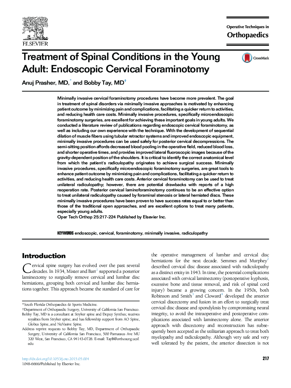 Treatment of Spinal Conditions in the Young Adult: Endoscopic Cervical Foraminotomy 