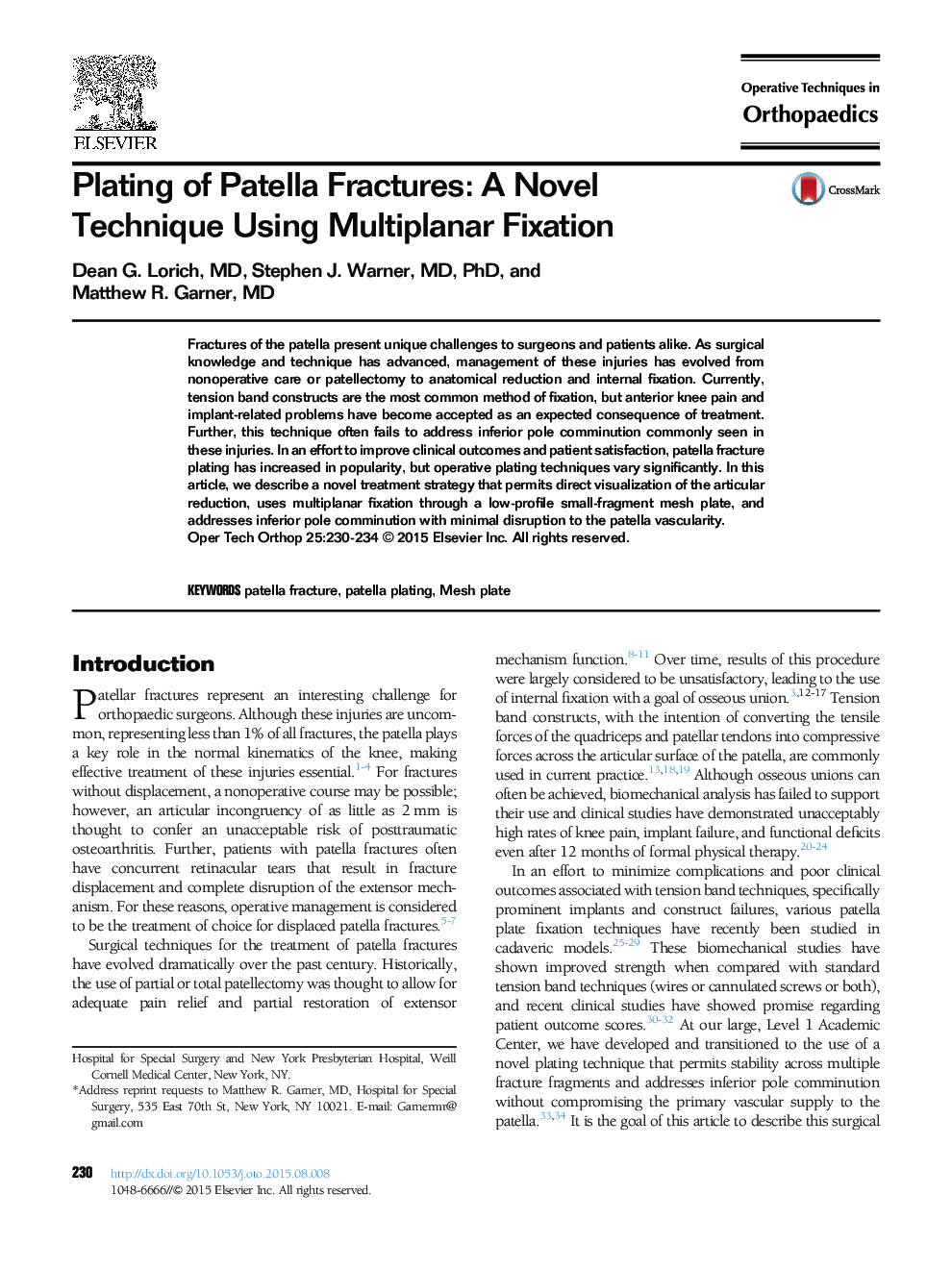 Plating of Patella Fractures: A Novel Technique Using Multiplanar Fixation