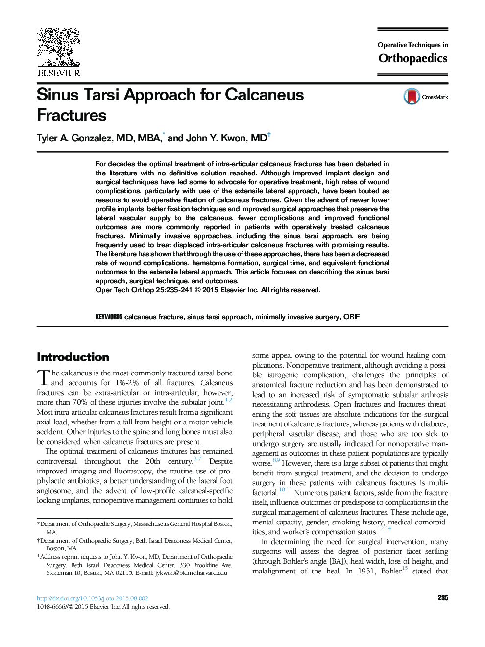 Sinus Tarsi Approach for Calcaneus Fractures