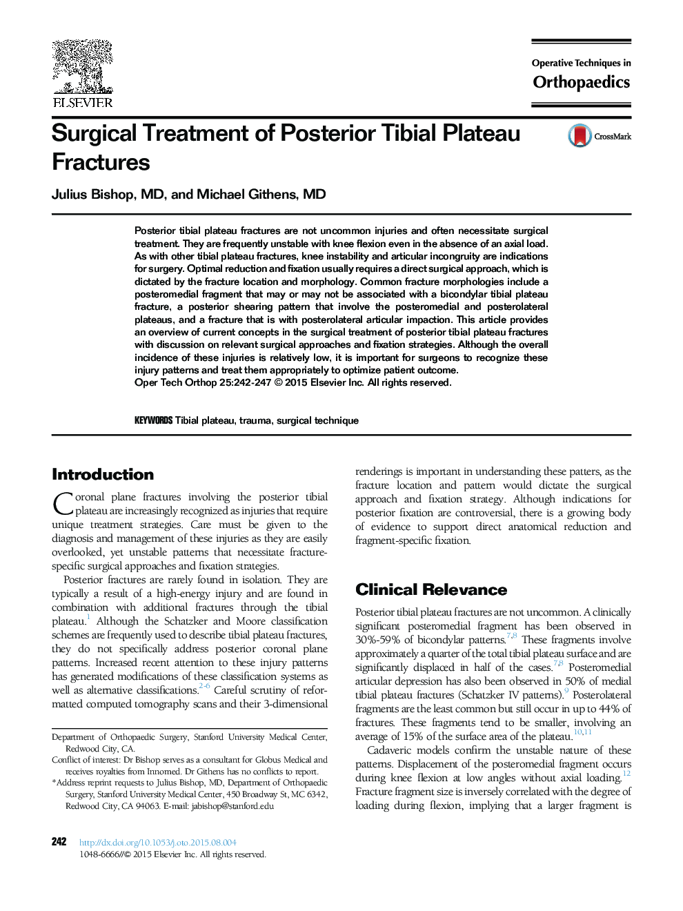 Surgical Treatment of Posterior Tibial Plateau Fractures 