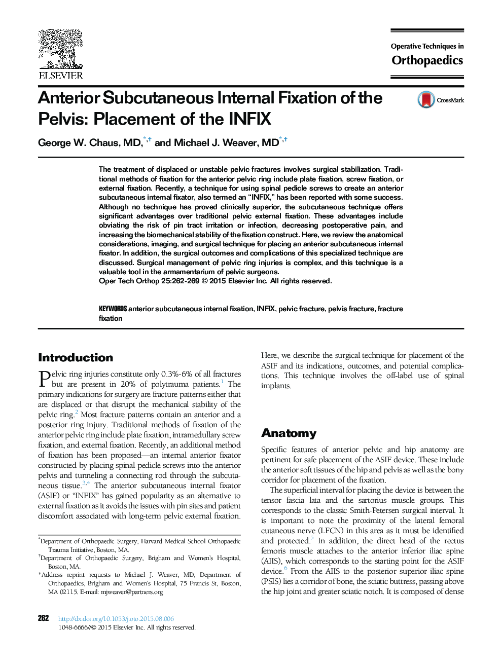 Anterior Subcutaneous Internal Fixation of the Pelvis: Placement of the INFIX