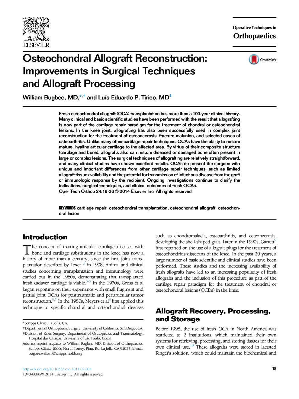 Osteochondral Allograft Reconstruction: Improvements in Surgical Techniques and Allograft Processing