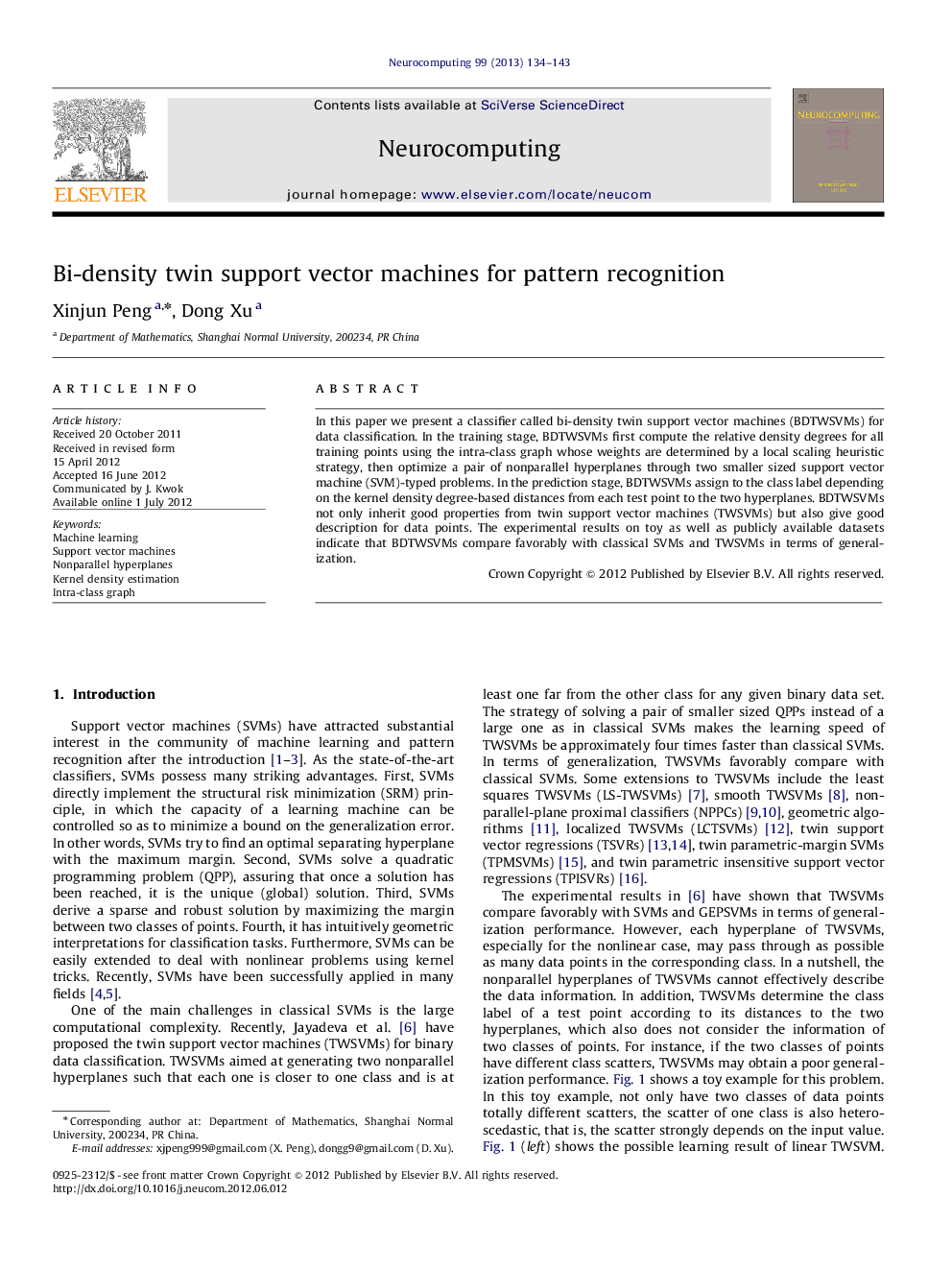 Bi-density twin support vector machines for pattern recognition